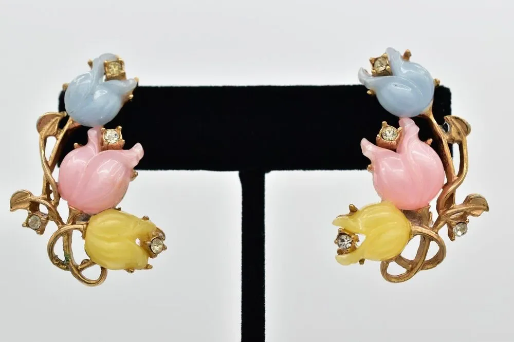 Vintage Flower Clip On Earrings Pastel Pink Yellow Blue Tulip Gold 1960s BinBK